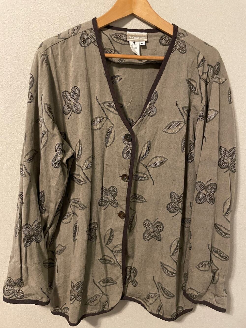 Coldwater Creek Tunic Top Womens 1X Dark Green Floral Button Up Artsy Boho